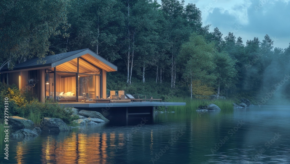 Obraz premium Lighted cabin by lake in woods.