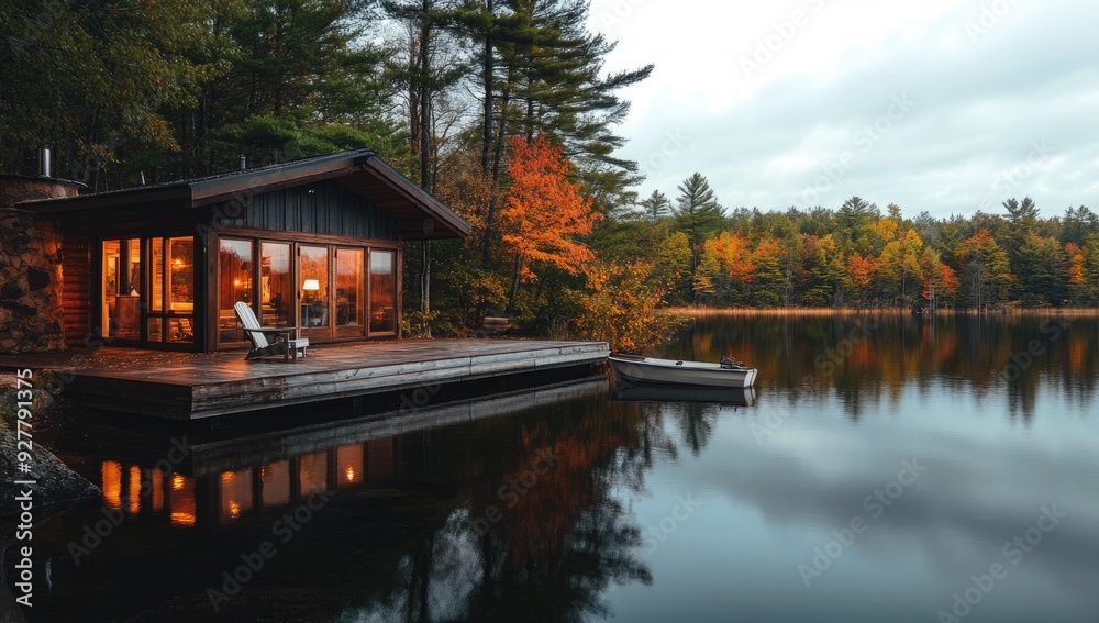 Fototapeta premium Cozy cabin by the lake with autumn colors.