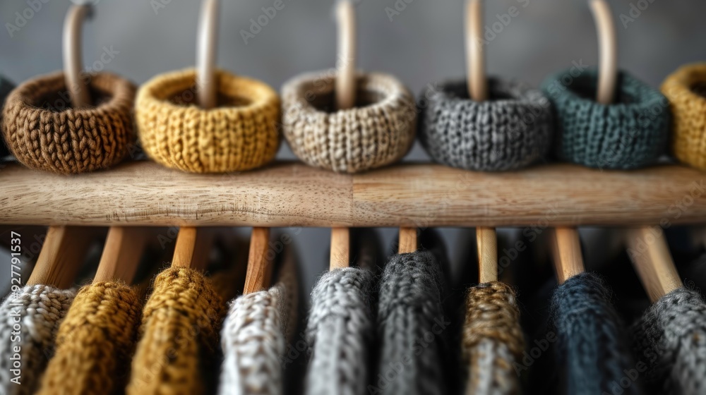Knitted Sweaters on Wooden Hangers