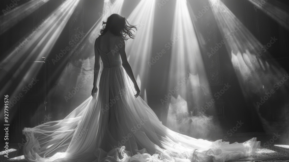 A Woman in a White Dress Standing in a Spotlight A Woman in a White Dress Standing in a Spotlight