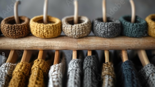 Obraz na płótnie Knitted Sweaters on Wooden Hangers w salonie