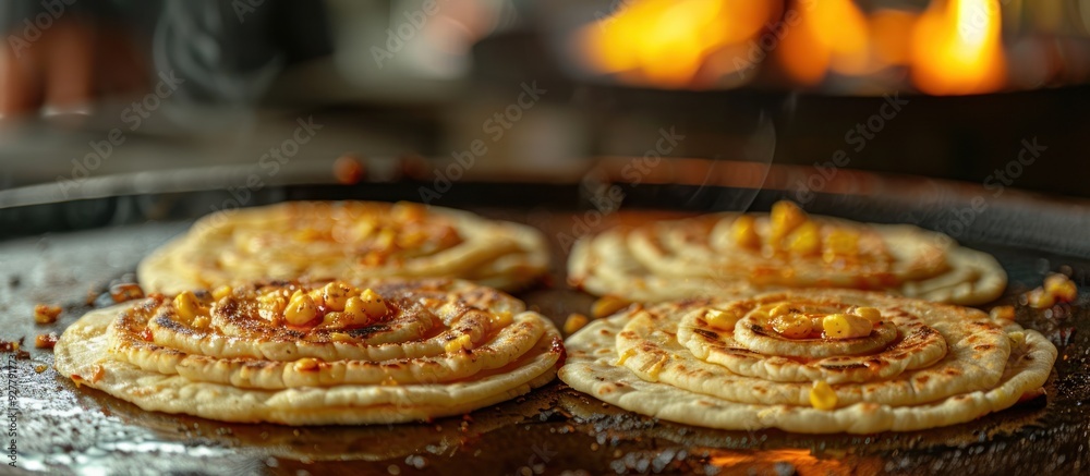 Close-up of Flatbreads with Corn Toppings Cooking on a Griddle