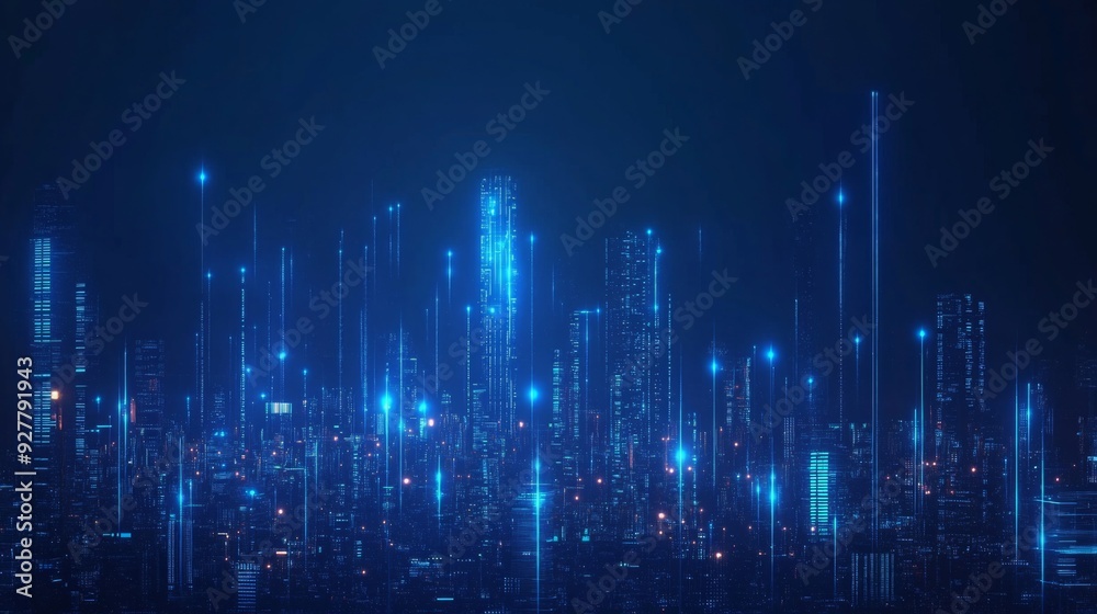 Abstract City Skyline with Glowing Lines and Blue Lights on a Dark Background, Representing Modern Technology and the Digital World. Abstract City Skyline with Glowing Lines and Blue Lights on a Dark Background, Representing Modern Technology and the Digital World.