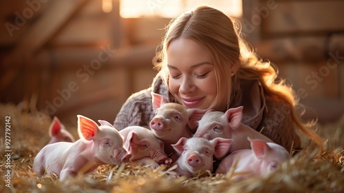 Obraz na płótnie Young Woman Surrounded by Piglets in a Barn w salonie