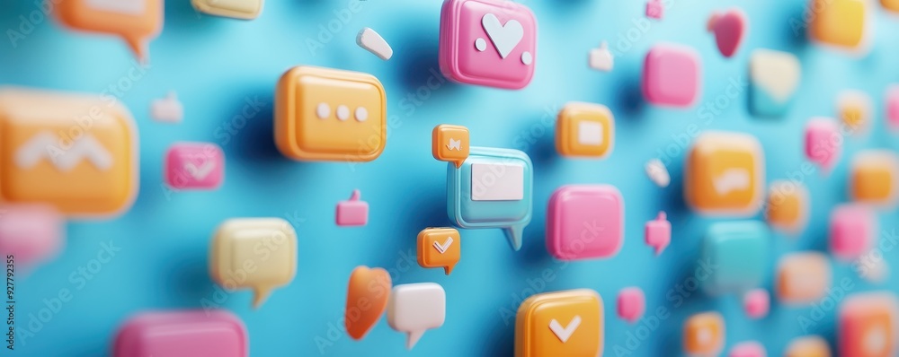Colorful 3D social media icons and symbols floating on a soft blue background, representing communication and digital interaction. Colorful 3D social media icons and symbols floating on a soft blue background, representing communication and digital interaction.