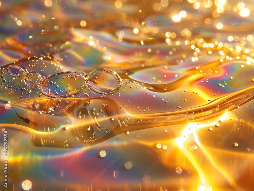 Abstract Golden Water with Rainbow Reflections