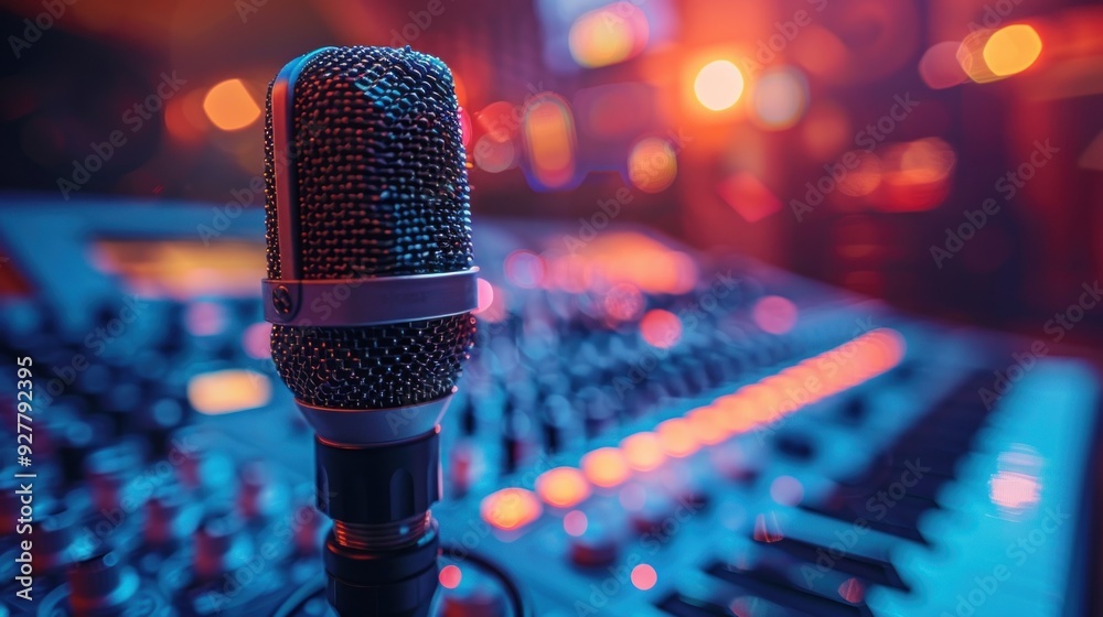 Close-up of a microphone on a soundboard