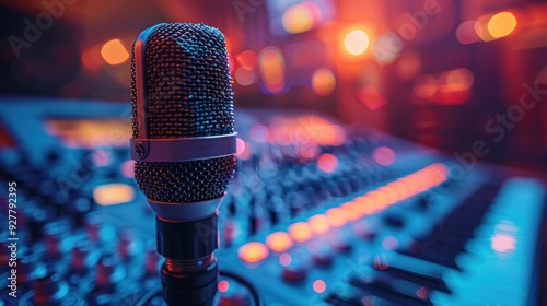 Obraz na płótnie Close-up of a microphone on a soundboard w salonie