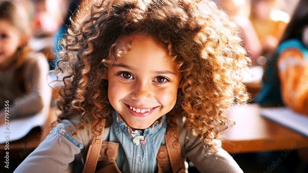 Portrait of Happy multiracial curly schoolchild in class Portrait of Happy multiracial curly schoolchild in class