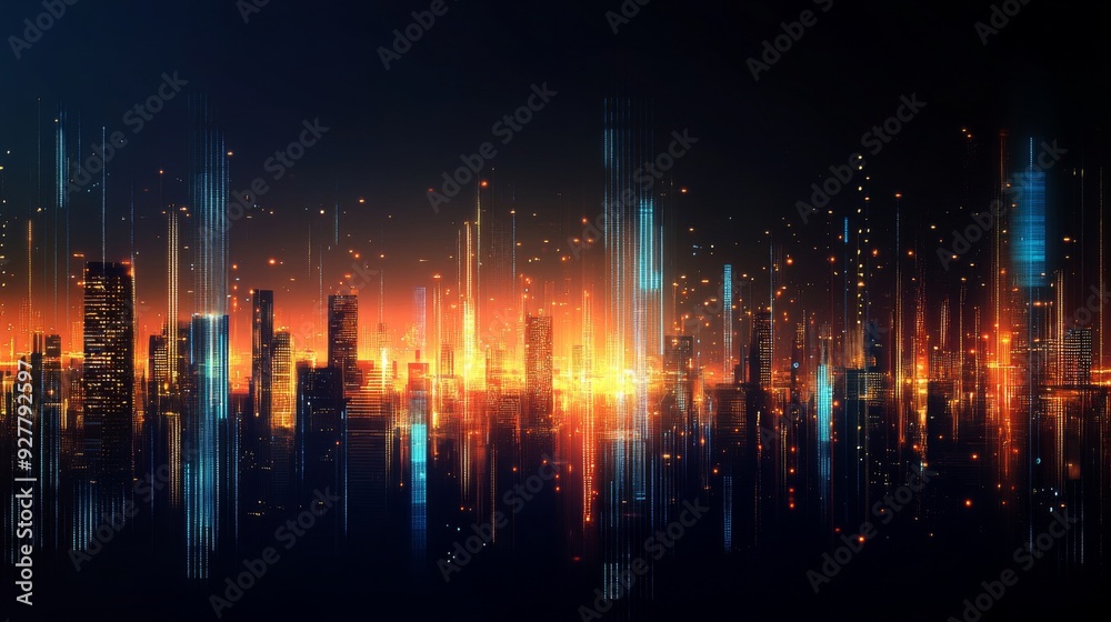 Abstract City Skyline with Glowing Lines and Blue Lights on a Dark Background, Representing Modern Technology and the Digital World. Abstract City Skyline with Glowing Lines and Blue Lights on a Dark Background, Representing Modern Technology and the Digital World.