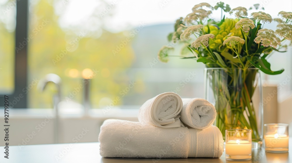 Spa Setting with Towels, Candles, and Flowers