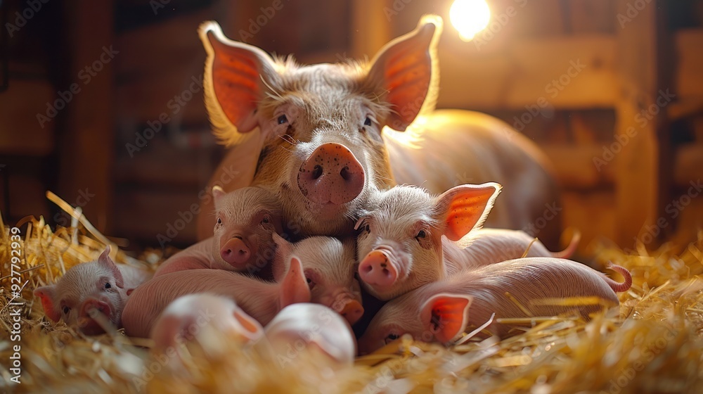 Mother Pig with Piglets in a Barn