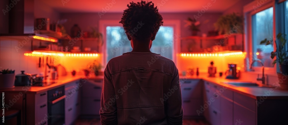 Silhouetted Figure in a Kitchen with Warm Lighting