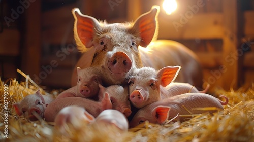 Obraz na płótnie Mother Pig with Piglets in a Barn w salonie