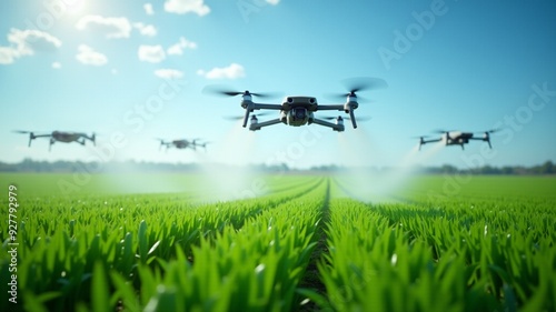 Drone Agriculture, Precision Spraying in Field, Agricultural drones spraying a substance over a lush green field for crop enhancement. Modern technology and precision farming techniques.