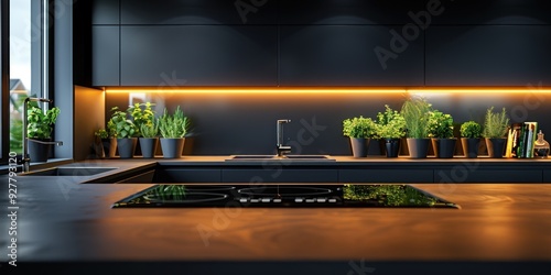 Obraz na płótnie Modern Kitchen Interior with Black Cabinetry and Warm Lighting w salonie