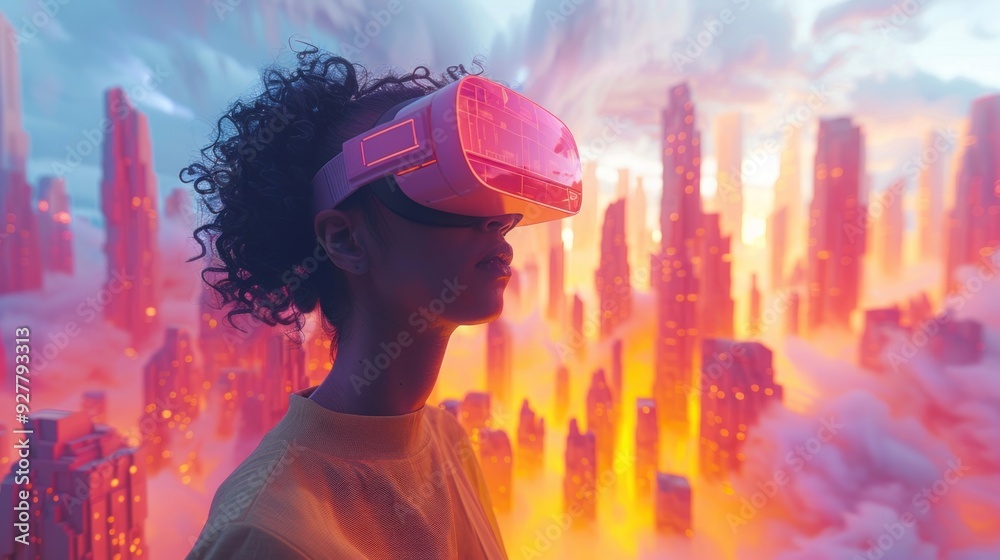 Woman Wearing VR Headset Exploring Futuristic City