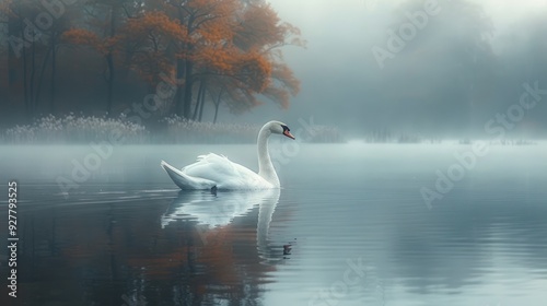 Obraz na płótnie A Swan Gracefully Navigating Through Misty Waters w salonie