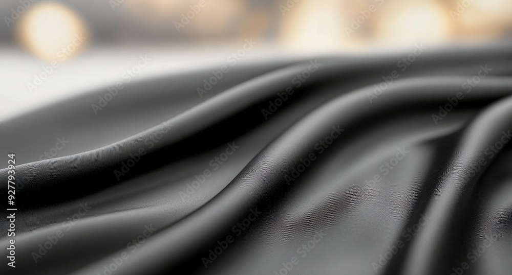 Black fabric draping elegantly on a table with soft background floral details Black fabric draping elegantly on a table with soft background floral details