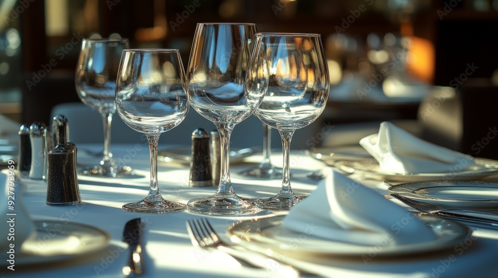 Empty wine glasses and plates set on a white tablecloth with forks and a knife. Empty wine glasses and plates set on a white tablecloth with forks and a knife.