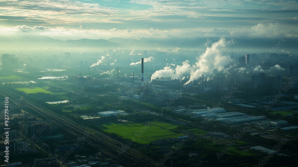 Fototapeta premium Aerial view of industrial complex with smoke stacks spewing pollution into the air, surrounded by green fields and trees.