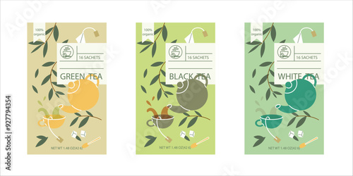 Vector set of design elements for tea packaging - white, black and green tea. Branding, packaging. Tea packaging sticker. Box design concept.