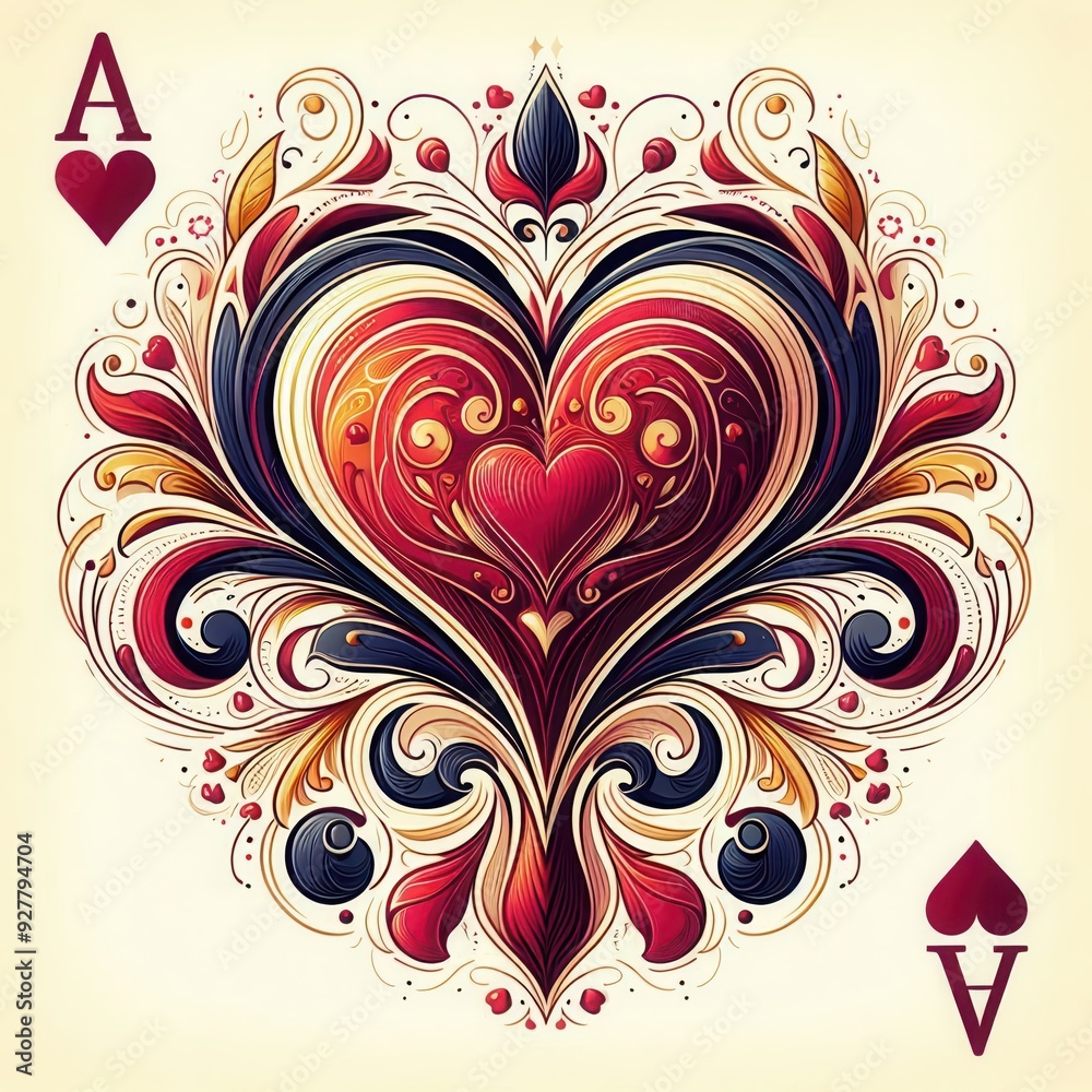A beautifully ornate heart design featuring the Ace of Hearts, perfect for playing cards, romantic themes, or decorative art projects. A beautifully ornate heart design featuring the Ace of Hearts, perfect for playing cards, romantic themes, or decorative art projects.