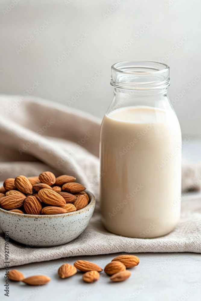 Fresh almond milk and scattered almonds in a bowl with soft linen background Fresh almond milk and scattered almonds in a bowl with soft linen background