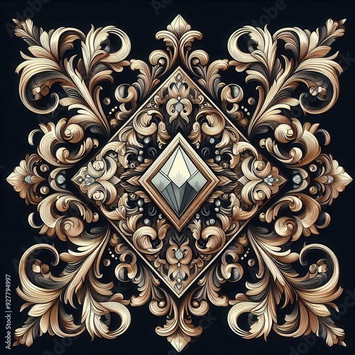 Elegant ornate pattern featuring intricate floral designs and a central diamond gem, perfect for luxury branding, packaging, or interior design projects.