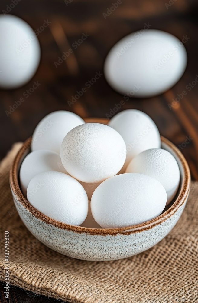 Fresh white eggs stacked in a bowl on a rustic surface Fresh white eggs stacked in a bowl on a rustic surface