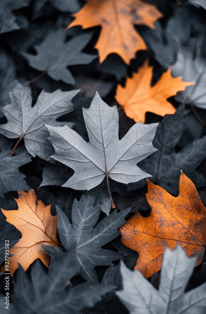 Fallen leaves in shades of orange and gray scattered on the ground during autumn Fallen leaves in shades of orange and gray scattered on the ground during autumn