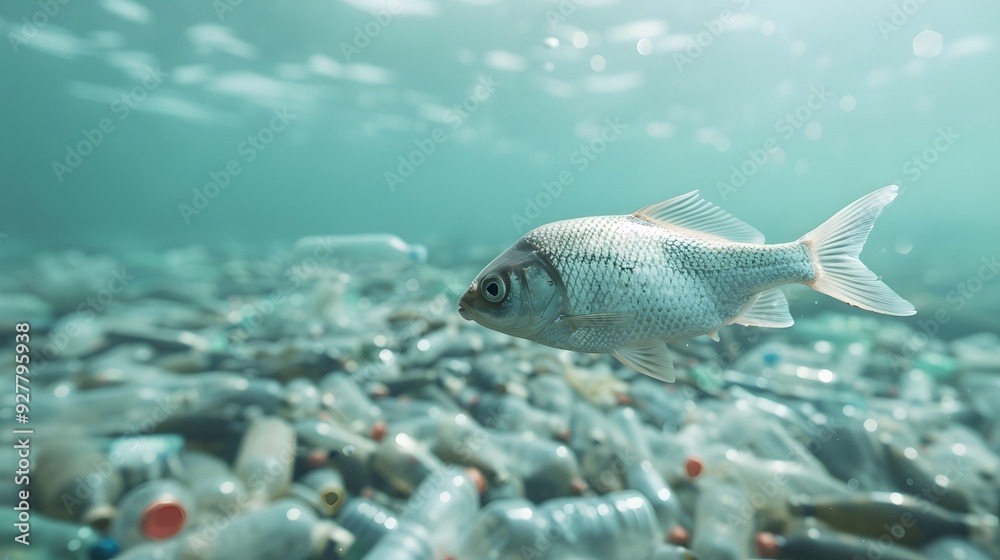 Naklejka premium Fish and plastic water bottles underwater ,Plastic Pollution Concept.