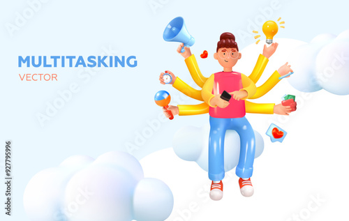 Multitasking character. A person with many tasks and affairs. Effective work. In 3D style. A woman with many hands. Functionality on mobile. Vector illustration