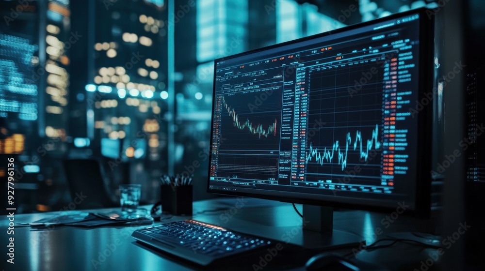 stock exchange worker's desktop with charts on computer. finance analysis, stock trading concept. stock exchange worker's desktop with charts on computer. finance analysis, stock trading concept.