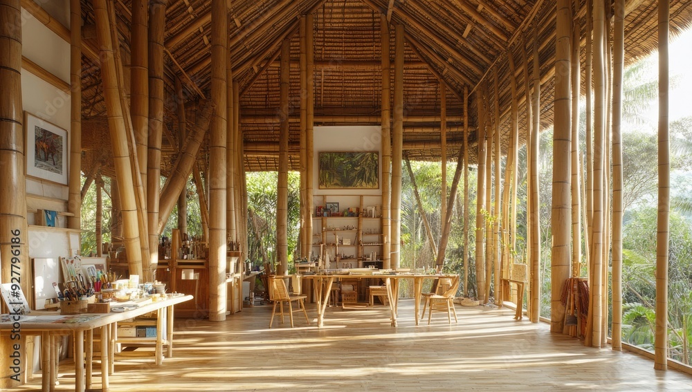 Bamboo room with a table and chairs. Bamboo room with a table and chairs.
