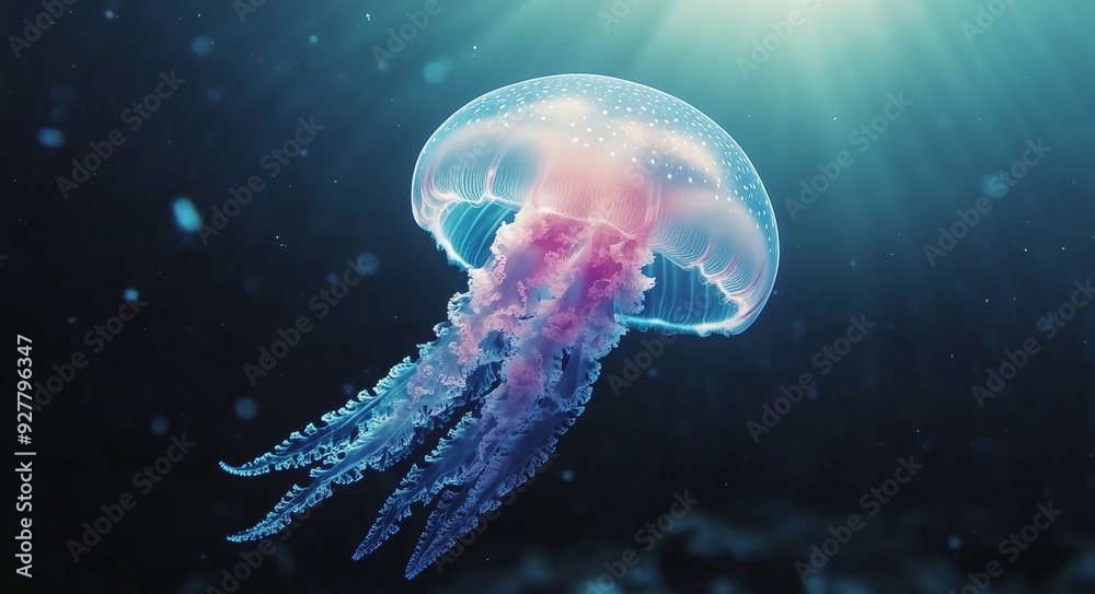 Naklejka premium Ethereal jellyfish gliding in deep blue water illuminated by soft light