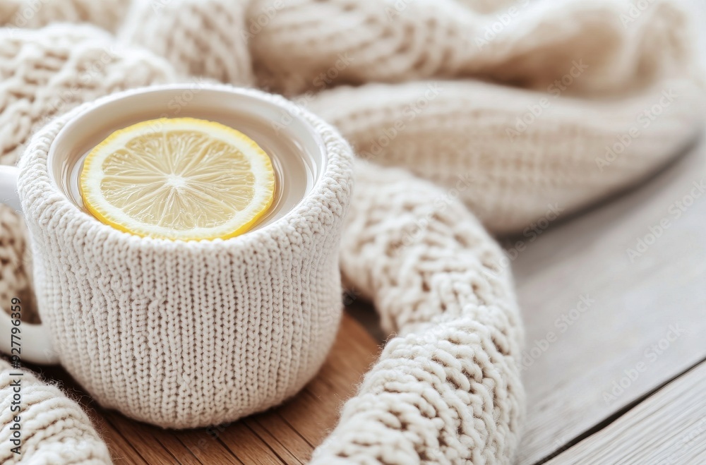 Cozy cup of tea with lemon resting on a wooden table beside a warm knitted blanket Cozy cup of tea with lemon resting on a wooden table beside a warm knitted blanket