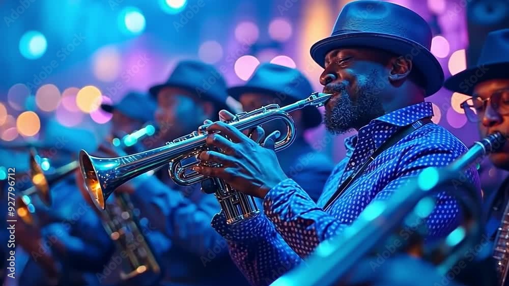On stage, a jazz band performs.