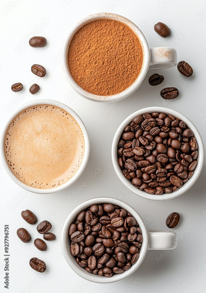 Coffee preparation with grounded beans, cocoa powder, and brewed drink on a white surface Coffee preparation with grounded beans, cocoa powder, and brewed drink on a white surface