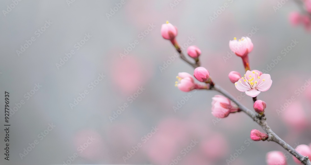 Blossoming cherry branch with delicate pink flowers and dew drops in early spring Blossoming cherry branch with delicate pink flowers and dew drops in early spring