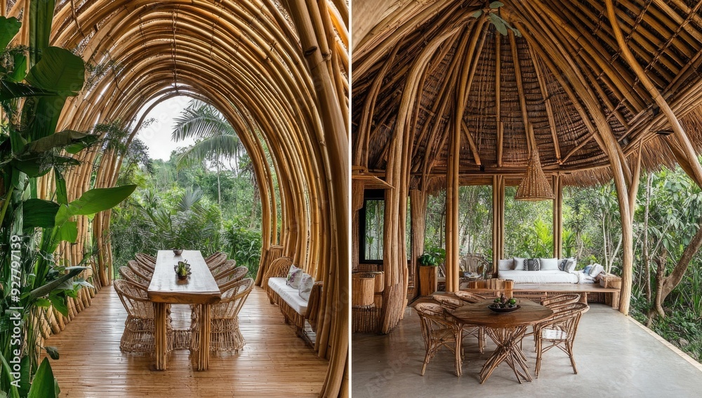 Bamboo hut with dining area and lounge. Bamboo hut with dining area and lounge.