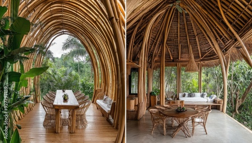 Bamboo hut with dining area and lounge.