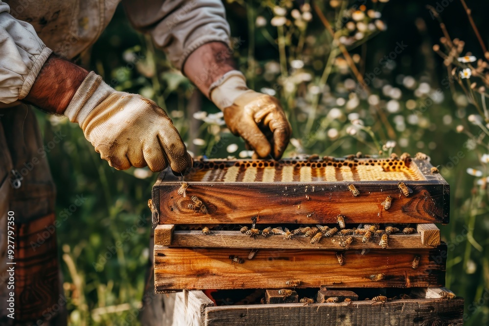 Beekeeper Inspecting Honeycomb in Beehive Frame Surrounded by Bees. Beekeeper Inspecting Honeycomb in Beehive Frame Surrounded by Bees.