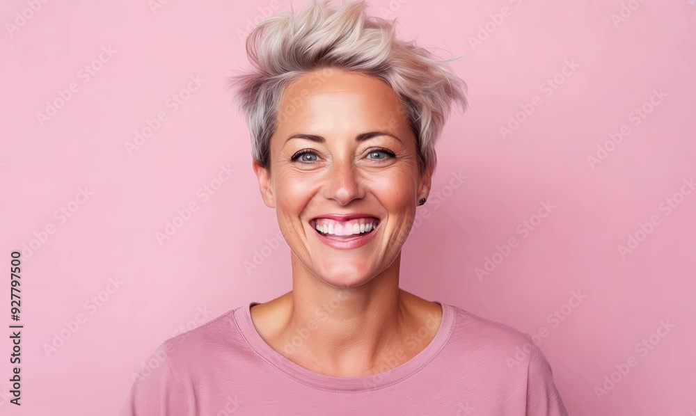 Portrait of a smiling middle-aged woman with short blonde hair on a pink background Portrait of a smiling middle-aged woman with short blonde hair on a pink background