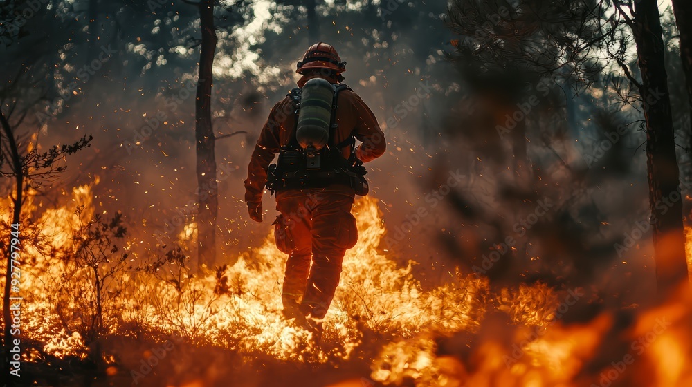 A firefighter fighting a natural disaster. The concept of fighting a forest fire. A firefighter fighting a natural disaster. The concept of fighting a forest fire.