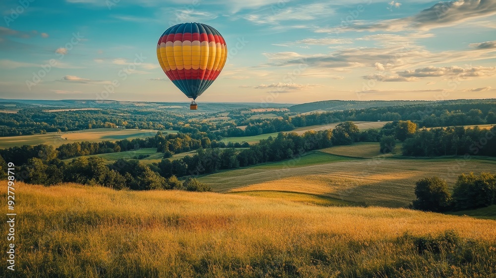 Fototapeta premium Hot air balloon with passengers flying under green field nature forest composition background