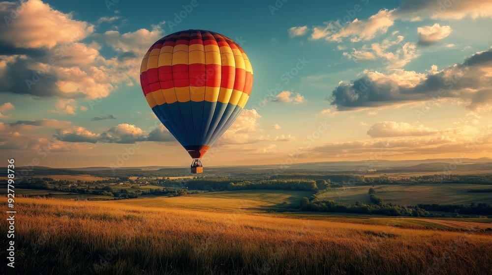 Fototapeta premium Hot air balloon with passengers flying under green field nature forest composition background