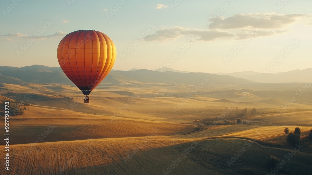 Hot air balloon with passengers flying under green field nature forest composition background Hot air balloon with passengers flying under green field nature forest composition background