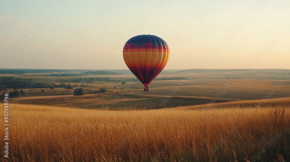 Obraz premium Hot air balloon with passengers flying under green field nature forest composition background