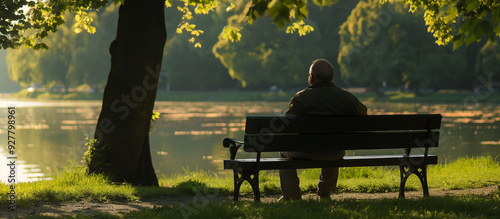 An elderly man sit on bench in a park looking lonely.
 photo